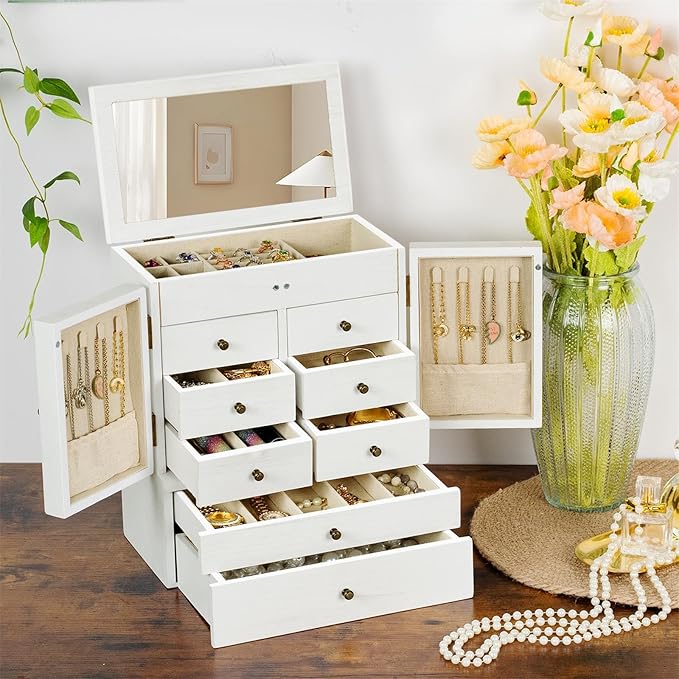 Emfogo Jewelry Box for Women Wooden Jewelry Boxes & Organizers 5-Layer Rustic Large Jewelry Organizer Box with Mirror & 8 Drawers for Rings Earrings Necklaces Bracelets Women Girls Gifts