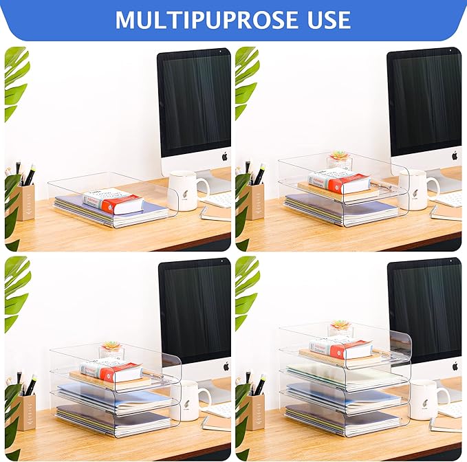 Set of 4 Office Organization and Storage, Clear PET Letter Tray Desk Organizer, Stackable Document Organizer and File Paper Organizer for Office Supplies