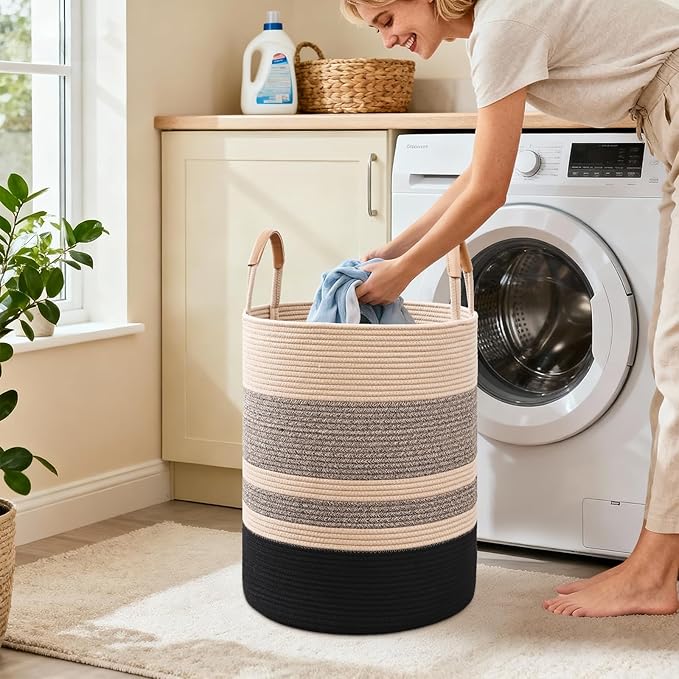 90L Striped Laundry Basket, Brown & Black Laundry Hamper with Leather Handles, Woven Cotton Rope Storage Bin for Blankets, Nursery Hamper for Clothes, Toys In Bathroom, Livingroom, Bedroom