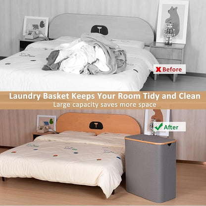 iEGrow Laundry Basket with Lid, 160L Laundry Hamper with Bamboo Handle,Clothes Basket Organizer with Removable Inner Bag for Clothes Towels,Light Grey