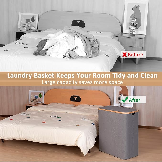 iEGrow 150L Laundry Hamper with Lid-Large Laundry Basket with Bamboo Handles, Grey Hampers for Laundry, Dirty Clothes Hamper with 2 Removable Inner Bags for Clothes Towels
