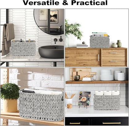 Sumnacon Toilet Paper Storage Basket Freestanding, Woven Toilet Paper Holder Stand with Handle, Decorative Narrow Bathroom Baskets Sturdy Plastic Organizer Bin for Tissue Rolls, Toiletries, Towels