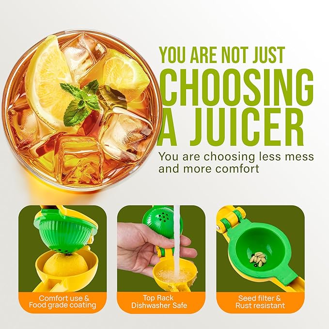 Zulay Metal 2-In-1 Lemon Squeezer Manual - Sturdy, Max Extraction Hand Juicer Lemon Squeezer Gets Every Last Drop - Easy to Clean & Use Citrus Juicer-Yellow/Green