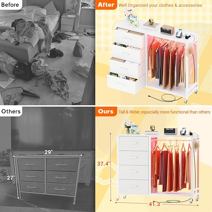 Cyclysio Dresser with Hanging Rack, 4 Fabric Drawers Dresser with Clothes Rack, Wooden Top Storage Chest of Drawers with Charging Station & LED Lights, Lockable Wheels, Closet