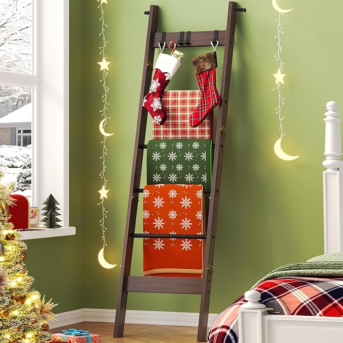 Hzuaneri Blanket Ladder for Living Room, Decorative Quilt Rack with 4 Removable Hooks, 6-Tier Farmhouse Ladder Holder Shelf Organizer for Bedroom, Black Tea Brown and Black BR31520B