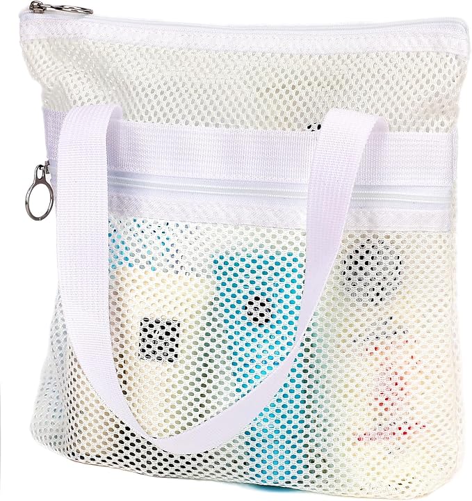 GYEUKHAM Portable Mesh Shower Caddy with 2 Zipper Pockets & Dual Handles, Quick-Drying Hanging Shower Tote for College Dorm, Gym, Travel & Camping, White