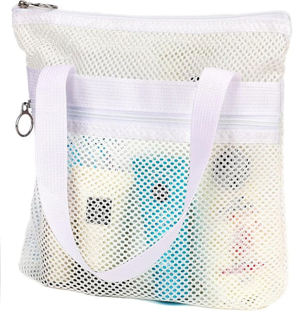 GYEUKHAM Portable Mesh Shower Caddy with 2 Zipper Pockets & Dual Handles, Quick-Drying Hanging Shower Tote for College Dorm, Gym, Travel & Camping, White