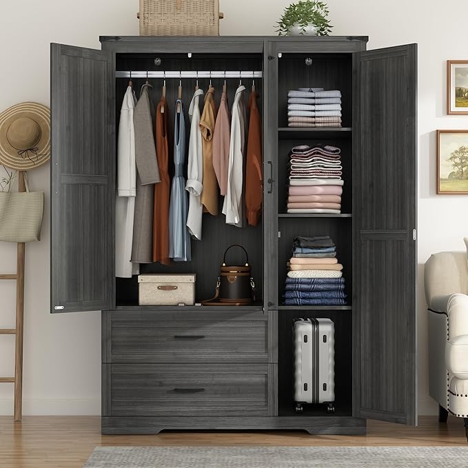 St.Mandyu Farmhouse Wardrobe Armoire Closet with 3 Doors and 2 Drawers, 70.1" Wooden Clothing Storage Cabinet, Freestanding Large Capacity Storage Wardrobe Armoire with Hanging Rod for Bedroom, Grey