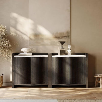 BELLEZE Set of 2 Modular Sideboard Buffet Cabinet with Storage,70 Inch Modern Credenza with Adjustable Shelves, Fluted Black Console Table with Faux Marble Panel for Kitchen, Entryway, Dining Room