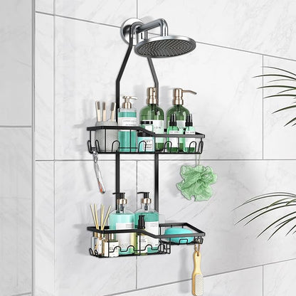 Shower Caddy Hanging,Rustproof Anti-Swing Shower Organizer,2 Tier Hanging Bathroom Caddy Anti-swing and Non-slip,Bathroom Organizer with 18 Hooks for Razor/Sponge