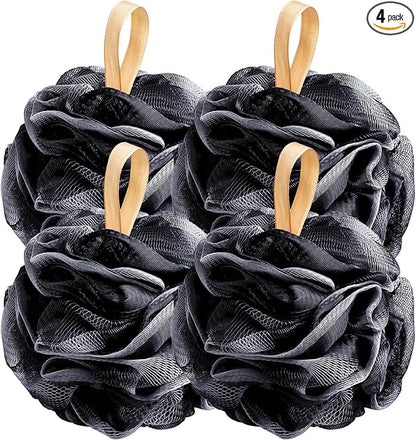 Fishent Loofah Bath Sponge Shower Loofahs, 4 Pack Soft Loofa Exfoliating Body Scrubber Mesh Shower Puff Pouf Ball Luffa for Men and Women(50g/pcs) (Black)