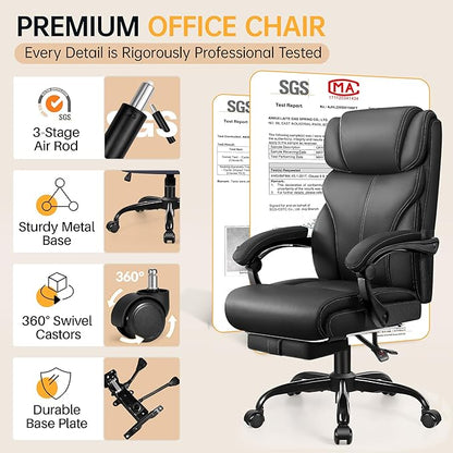 Office Chair, Executive Big and Tall Leather Desk Chairs with Footrest, Ergonomic Breathable Computer Chair with Adjustable High Back, Lumbar Support Swivel PC Chairs with Rocking Function
