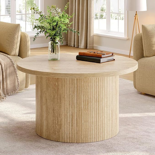 ONBRILL 31.5" Round Coffee Table, Tambour Design Coffee Tables for Living Room, Mid Century Modern Wood Coffee Table, Drum Accent Small Center Table, Travertine Texture
