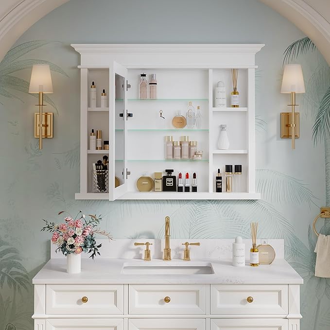 WELLFOR40 x 32" Bathroom Medicine Cabinet with 3-Tier Adjustable Shelves, Recessed Solid Wood Medicine Cabinet with Mirrors, Wood Miiror Cabinet with 1 Soft-Close Door and Open/Built-in 7 Shelves