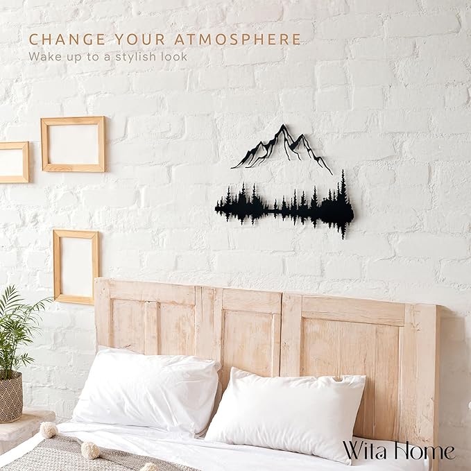 Wita Home Mountain and Forest Metal Wall Art, Wall Mounted Nature Home Decor, Pine Trees with Lake Reflection Wall Art for Living Room, Bedroom or Office, Large Outdoor Wall Decor, Nature Christmas Decor (Black Mountain-Black Forest, 18x12 inches)