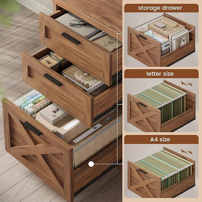 SEDETA 55.1" Executive Office Desk with 3 Drawers, Farmhouse Computer Desk with File Drawer & Storage Shelves, Home Office Desk with Power Outlet for Home Office, Brown