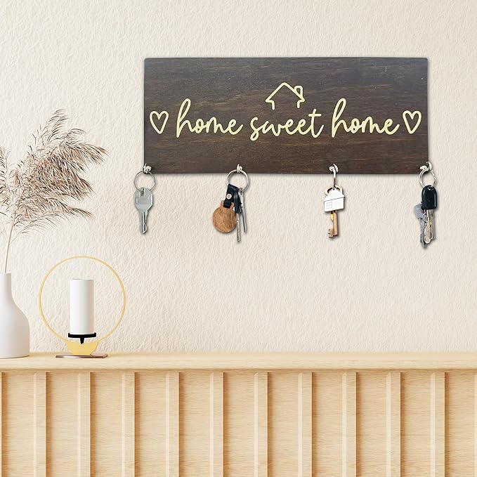 Sweet Home Wooden Key Holder for Wall - 5"x10" Key Organizer Hanger with 4 Hooks for Front Door Hallway Entryway Kitchen - Home Office Decor & Housewarming Gifts Supplies - A06