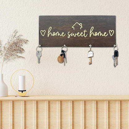 Sweet Home Wooden Key Holder for Wall - 5"x10" Key Organizer Hanger with 4 Hooks for Front Door Hallway Entryway Kitchen - Home Office Decor & Housewarming Gifts Supplies - A06