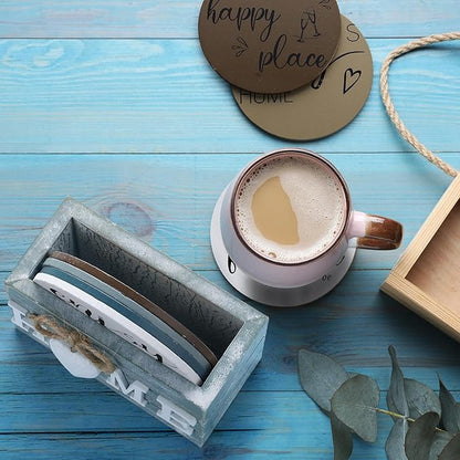 Queekay Coasters Set of 6 House Warming Gifts New Home Wooden Farmhouse Drink Coasters with Holder 4'' Funny Decoration for Kitchen Family Coffee Bar Tabletop Protection(Ocean Color)