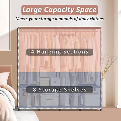 Wardrobe Closet, Quick and Easy Assembly, Black Large Capacity Portable Closet with 4 Hanging Rods 8 Storage Shelves and 8 Side Pockets, Clothes Rack with Cover, for Bedroom and Living Room