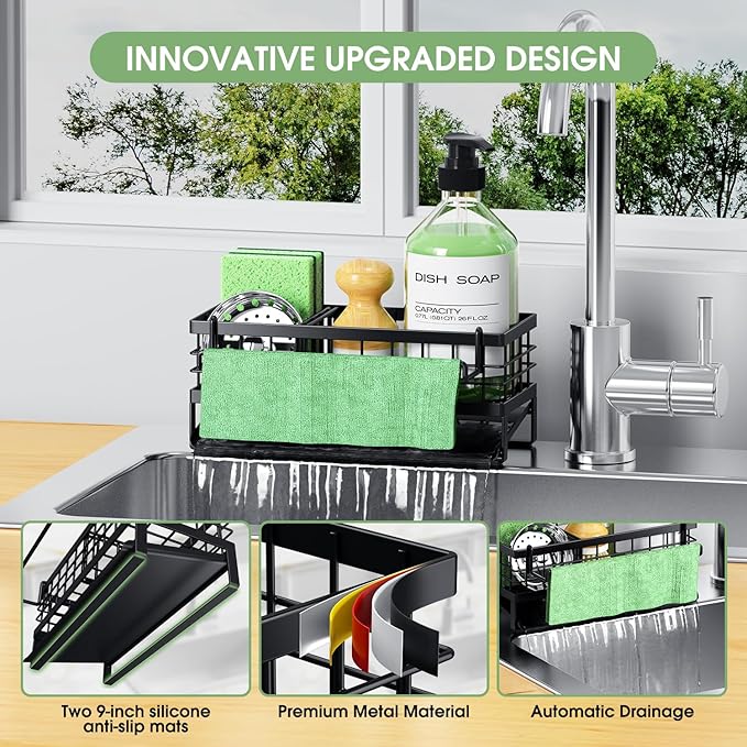 DYFVREN Self-Draining Kitchen Sink Caddy, Rustproof Non-Slip Sponge Holder with Detachable Dish Cloth Holder (Black)