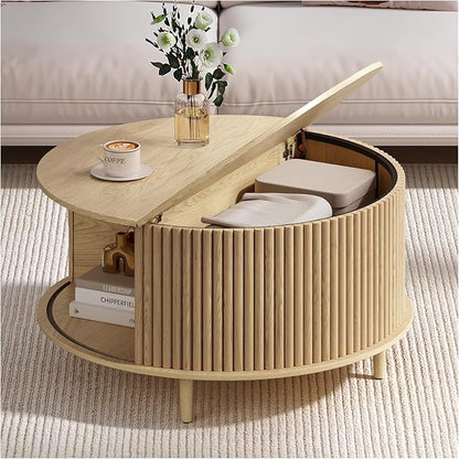 JOINICE,Round Coffee Table with Storage, 31.5" Natural Oak Fluted Center Table with Sliding Door, Modern Circle Drum Table for Living Room, Scandi Wood Furniture for Small Spaces