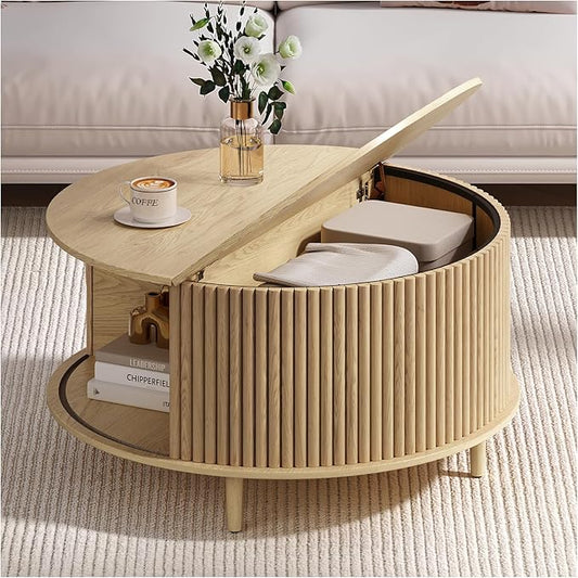 Round Coffee Table with Storage, 31.5" Mid Century Modern Coffee Table with Sliding Door & Solid Wood Legs, Minimalist Fluted Center Table for Living Room, Home Small Space, Oak