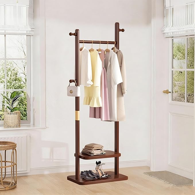 Freestanding Coat Rack with 2 Storage Shelves and 5 Hooks, Heavy Duty Wood Garment Rack for Bedroom, Hallway, Entryway (23.6x11.4x62.6 in)