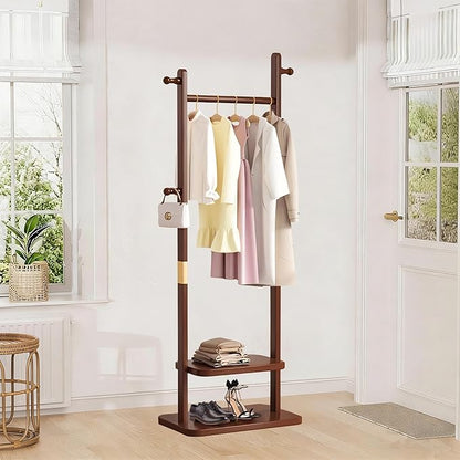 Freestanding Coat Rack with 2 Storage Shelves and 5 Hooks, Heavy Duty Wood Garment Rack for Bedroom, Hallway, Entryway (23.6x11.4x62.6 in)