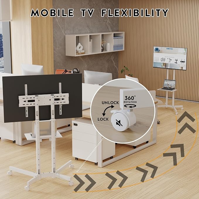 BONTEC Rolling TV Stand with Tilt, Mobile TV Cart for 32–85 Inch LED LCD Flat Curved TVs, Portable Stand with Laptop Shelf, Locking Wheels, Outdoor TV Stand Holds 132 lbs, Max VESA 600x400mm, White