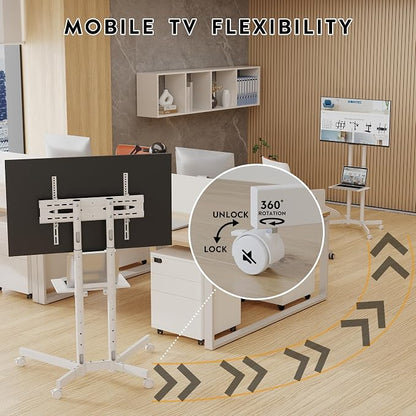 BONTEC Rolling TV Stand with Tilt, Mobile TV Cart for 32–85 Inch LED LCD Flat Curved TVs, Portable Stand with Laptop Shelf, Locking Wheels, Outdoor TV Stand Holds 132 lbs, Max VESA 600x400mm, White