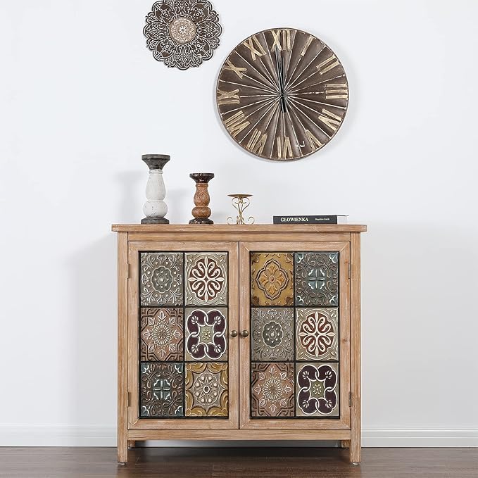 Sophia & William Accent Cabinet with 2 Doors, Distressed Storage Cabinet with Wood Frame and Checkered Patterns for Entryway Living Room