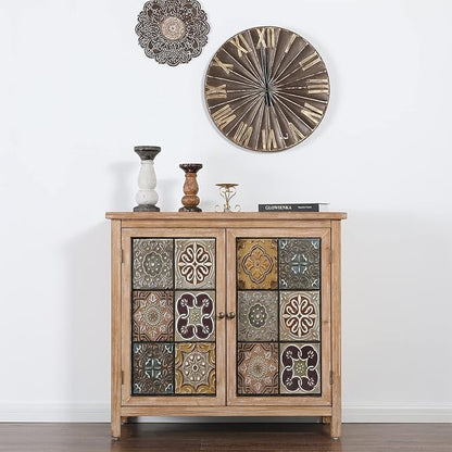 Sophia & William Accent Cabinet with 2 Doors, Distressed Storage Cabinet with Wood Frame and Checkered Patterns for Entryway Living Room