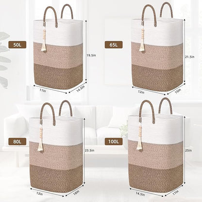 Woven Laundry Basket for Clothes,65 L Large Rectangle Laundry Hampers with Beads Tassel, Nursery Storage Basket for Toys, Tall Dirty Clothes Hamper for Bedroom Aesthetic, Laundry Room Organization