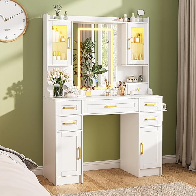 KAMABOKO Vanity Desk with Mirror & LED Lights & Power Outlet, Large Makeup Vanity Table with 5 Drawers and 4 Storage Cabinets, White Dressing Table for Bedroom