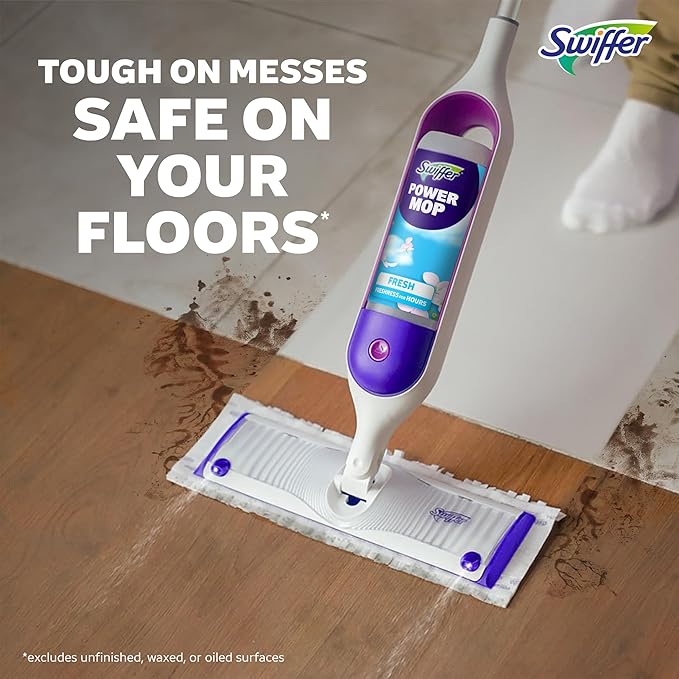 Swiffer PowerMop Mopping Kit for Floor Cleaning, Set Includes 1 Power Mop, 2 Replacement Pads, 1 Liquid Solution Refill, 2 Batteries, No Bucket Needed Electric Spray Cleaner, Multi-Surface and Wood