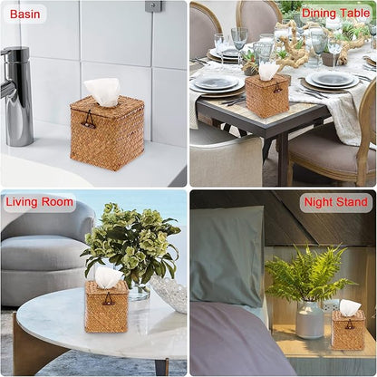 Sumnacon Tissue Box Cover Square Seagrass Tissue Box with Lid, Woven Tissue Box Holder Rustic Cube Tissue Cover for Bathroom Toilet Bedroom Living Room Kitchen Table Desk Office Car, Caramel