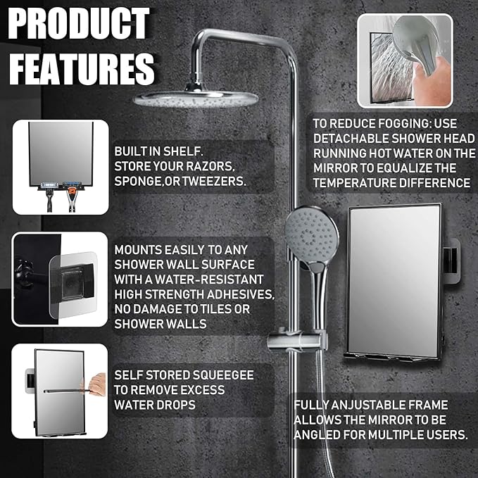 LFOYOU Shower Mirror for Shaving with 2 Replaceable Adhesive - Two Razor Holder, 360°Rotation Adjustable Shaving Mirror with a Squeegee, Bathroom Razor Holder(Not Fogless)