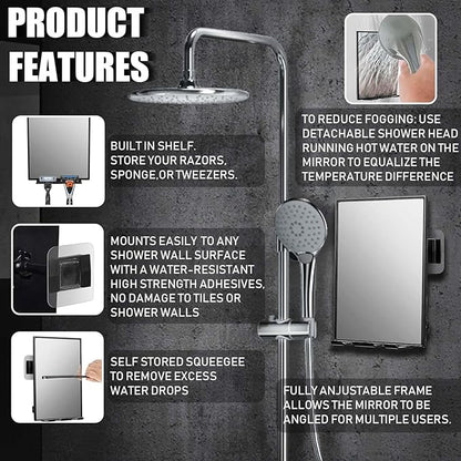 LFOYOU Shower Mirror for Shaving with 2 Replaceable Adhesive - Two Razor Holder, 360°Rotation Adjustable Shaving Mirror with a Squeegee, Bathroom Razor Holder(Not Fogless)