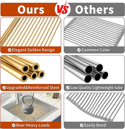 Extra Large Golden Roll-UP Dish Drying Rack-Stainless Steel Dish Drainer Over The Sink for Kitchen Countertop,Applicable for Sink Width Less Than 19in (Gold,20.5'x 13.2')