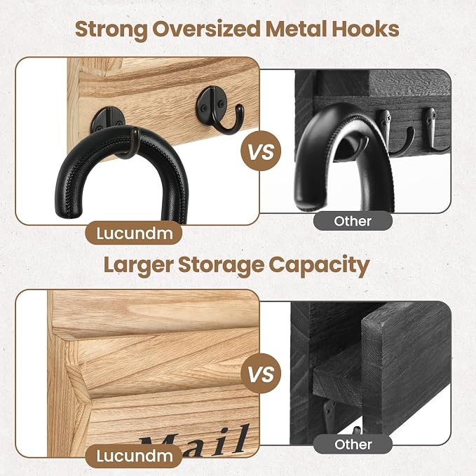 Mail and Key Holder - Decorative 8.86" x 11.42" Wall Key Hanger with 2 Mail Organizer Slots and 3 Hooks - Real Paulownia Wood with Keyhole Brackets, Hardware and Instructions (Wood)