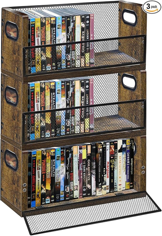 PUTNATRURE DVD CD Storage Rack, 3 Pack Holds 84 DVDs (28 Each), Stackable Wood & Metal DVD Tower with Magnetic Opening Door for Easy Access, Desktop Organizer for Blu ray, Video Game Cases, VHS Tapes