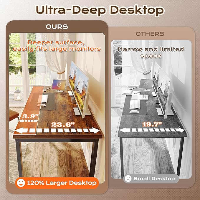 Huuger 48 x 24 inch Desk with Power Outlets & USB-C, Deeper & Thicker Desktop, Robust Metal Tubes, Computer Desk, Heavy Duty Office Desk, Work Gaming Desk for Home Office, Rustic Brown