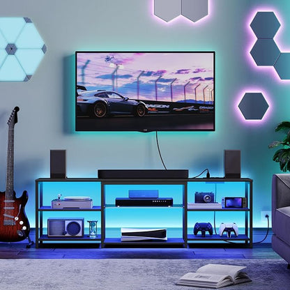 HOOBRO LED TV Stand for 75 Inch TVs with Charging Station, Gaming Entertainment Center with 3-Tier Open Storage, Long 63” Media TV Console Table, TV Stand for Living Room, Bedroom, Black BB21UDDS01