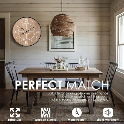 aevbibs Large Decorative Wall Clock 24 & 30 Inch – Vintage Industrial Farmhouse Modern Style – Iron & Wood, Silent Non-Ticking Quartz, Roman Numerals – Living Room, Office, Classroom