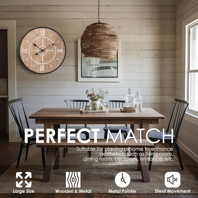 Large Decorative Wall Clock 24 & 30 Inch – Vintage Industrial Farmhouse Modern Style – Iron & Wood, Silent Non-Ticking Quartz, Roman Numerals – Battery Operated