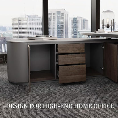 78.7" Reversible L-Shaped Adjustable Height Executive Desk with Oval Storage Cabinet - Black/Brown Standing Desk, Rounded Corners, 3 Drawers & 2 Door Compartments, Flexible Home & Office Workstation