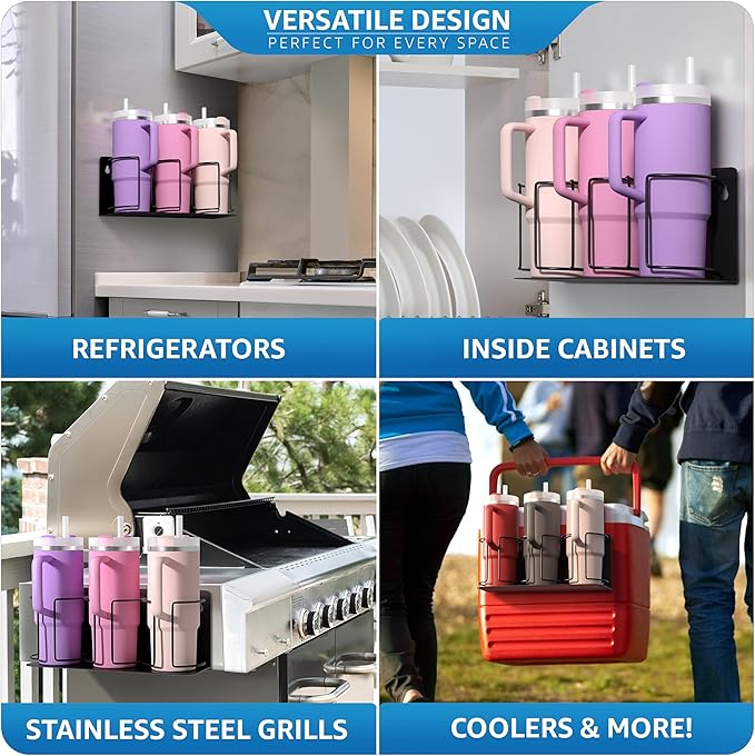 Sorbus Stanley Cup Organizer – 3-Cup Holder for Cabinet, Fridge, or Wall – Magnetic or Screw Mount – Stanley Storage Organizer for 20oz 30oz 40oz Cups, Tumblers, and Water Bottles (Black 1-Pack)