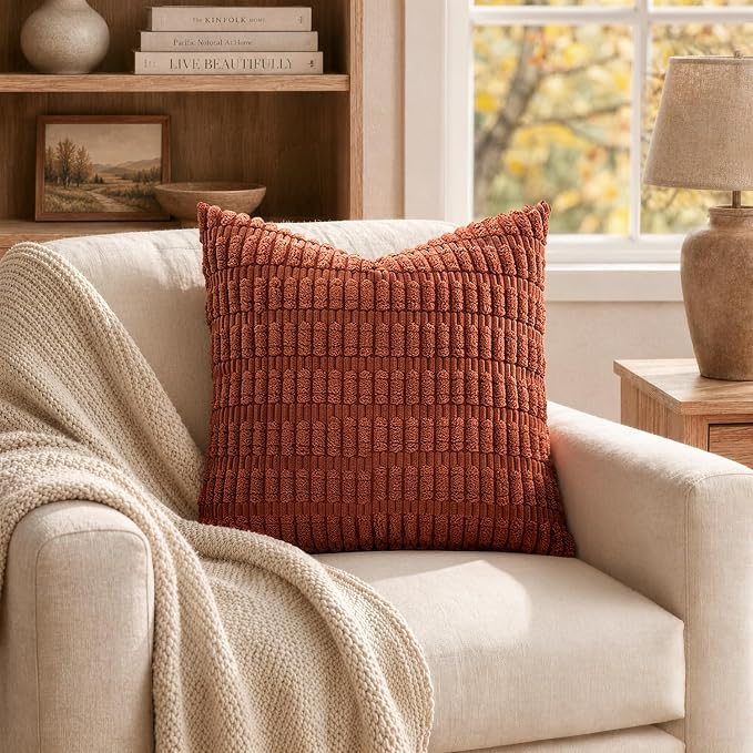 MIULEE Pack of 2 Rust Corduroy Decorative Pillow Covers 12x12 Inch Soft Boho Striped Throw Pillow Covers Modern Farmhouse Home Decor for Summer Sofa Living Room Couch Bed
