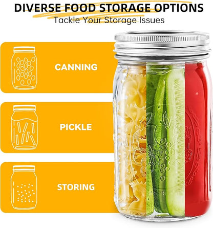 Miuyhji Wide Mouth Mason Jars 32 oz with Lids [4 Pack], Canning Jars with Metal Airtight Lids and Bands, 32 oz Glass Jars for Fermenting, Pickling, Freezing, Preserving, Meal Prep, Jar Décor